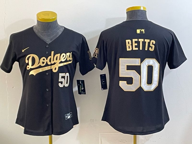 Women Nike 2026 Los Angeles Dodgers #50 Betts Black Gold Game MLB Jersey 061